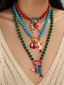 3-Piece Summer Beach Vacation Boho Necklace, Multilayer Resin Bead Stringing, Colorful Fish and Starfish Pendants, Perfect for Parties