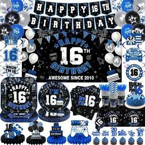 16th Birthday Decorations for Boys Black and Blue Happy16th Birthday Plates and Napkins Tablecloth Banner Awesome Since 2010 Backdrop Hide The Car Keys Topper Balloons,Serve 252026
