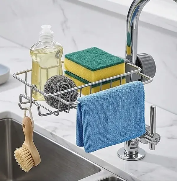 Adjustable and detachable faucet drainage stand - Stainless steel sink sponge holder and soap box, a simple and no-drill-required storage organizing tool for kitchens and bathrooms, faucet drainage stand for sinks drain