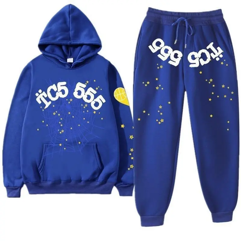 Menswear Black Y2K Spider Web 2-Piece Tracksuit Set, Unisex Streetwear Pullover Hoodie & Sweatpants, Gift for Him & Her
