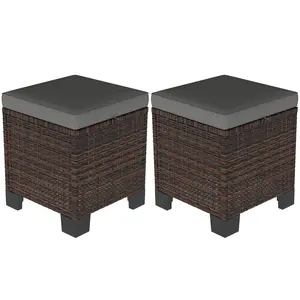 Outsunny 2 Pieces Outdoor Patio Ottomans, All Weather Wicker Outdoor Footstools with Removable Cushions, 3-in-1 PE Rattan Ottoman Seat, Footrest and Side Table for Backyard, Poolside, Beige