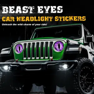 Beast Eye Headlight Decals Pair for Jeep-3D Animal Print Self-Adhesive Headlight Stickers, Reusable Car Light Embellishments,Fantasy Anime Themed, Round Headlamp Overlay, Front Plastic Glass Ceramic Compatible, car exterior decoration accessory