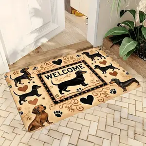 1pc Dachshund Welcome Doormat - Cute Dog Design with Paw Prints & Hearts,  Polyester, Machine Washable Indoor/Outdoor Mat for Entryway, Kitchen, Living Room, Bathroom - Pet-Friendly Home Decor, Welcome Mat for Front Door, Playful Dach