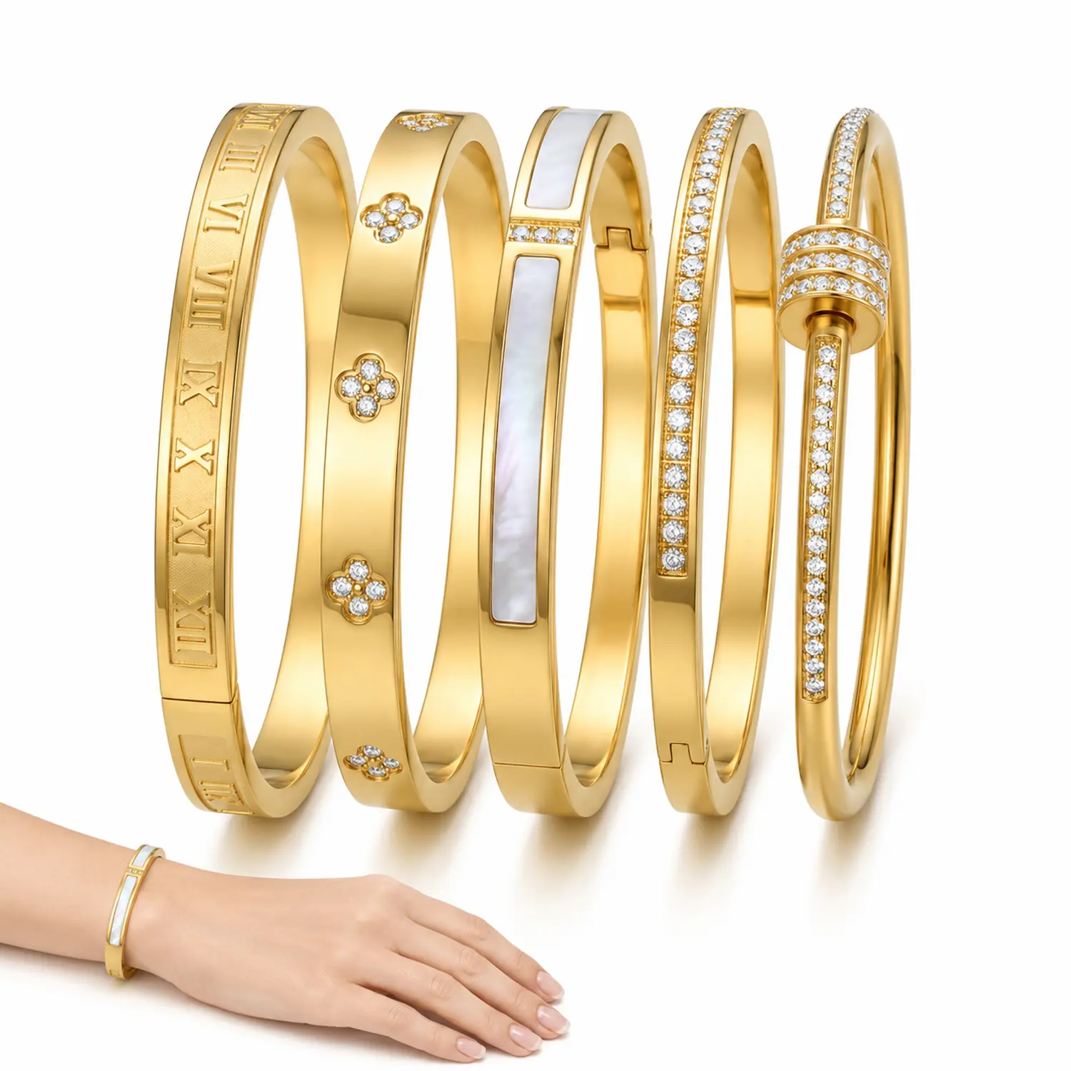 5 PcsTitanium Steel Bracelet Set, Rhinestone Star Design, Waterproof Plated Stackable Bracelets, Versatile Unisex Jewelry Set for Women and Men