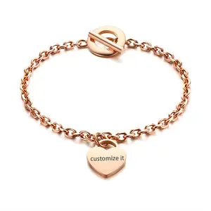 OIDEA Women's Engravable Heart Charm Bracelet, Stainless Steel Chain, Dainty Personalized Jewelry Gift, 19cm, Bracelets