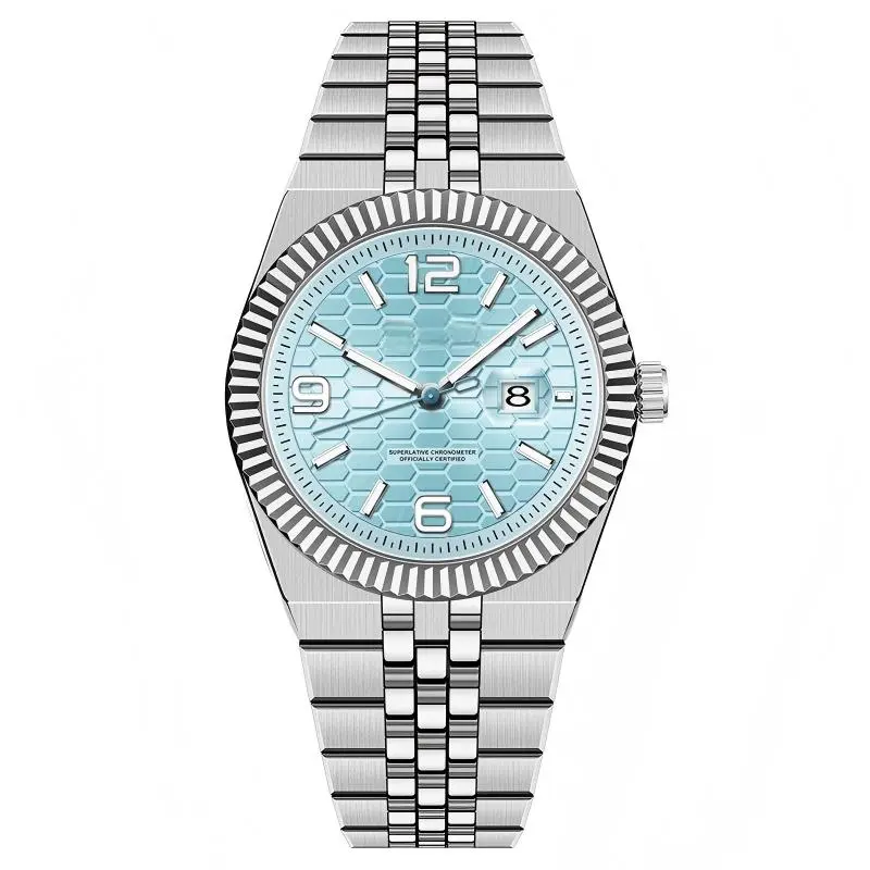 Men's Stainless Steel Metal Watch - 40mm Elegant Round Dial, Round Face, Honeycomb Dial, Fluted Bezel, Waterproof Quartz Movement with Date for Business