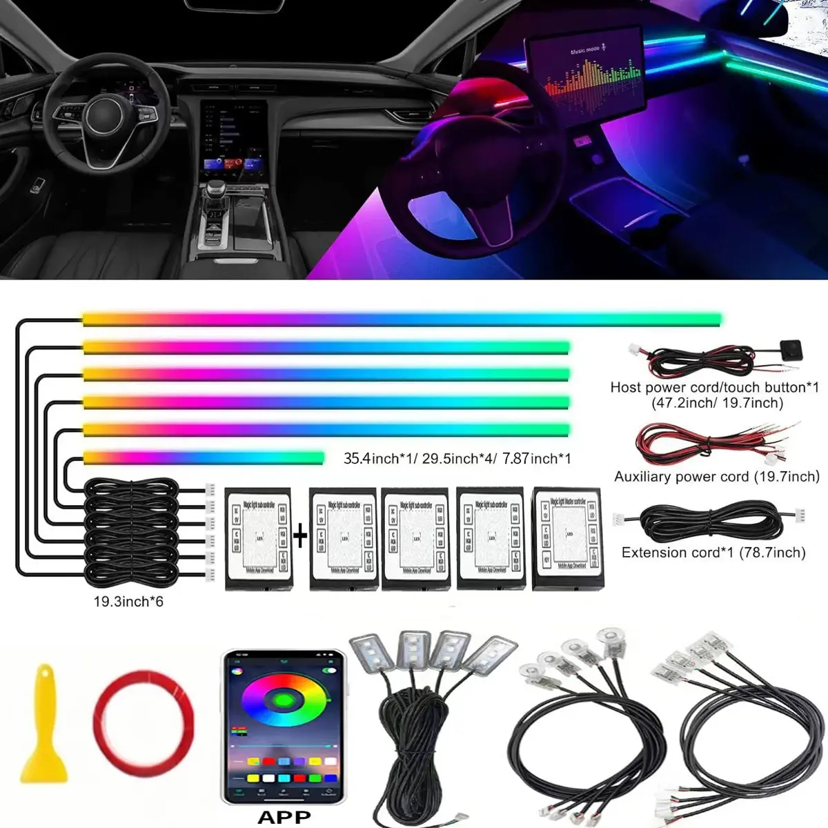 18-in-1 Ultra-Chroma Waterfall Car Ambient Lighting Kit, Professional Dreamcolor RGB Flowing LED Strips ,Dreamcolor Music Sync Interior Glow,App Control RGB Interior LED Lights with Music Sync, Panoramic Dreamcolor Glow for All Cars & SUVs