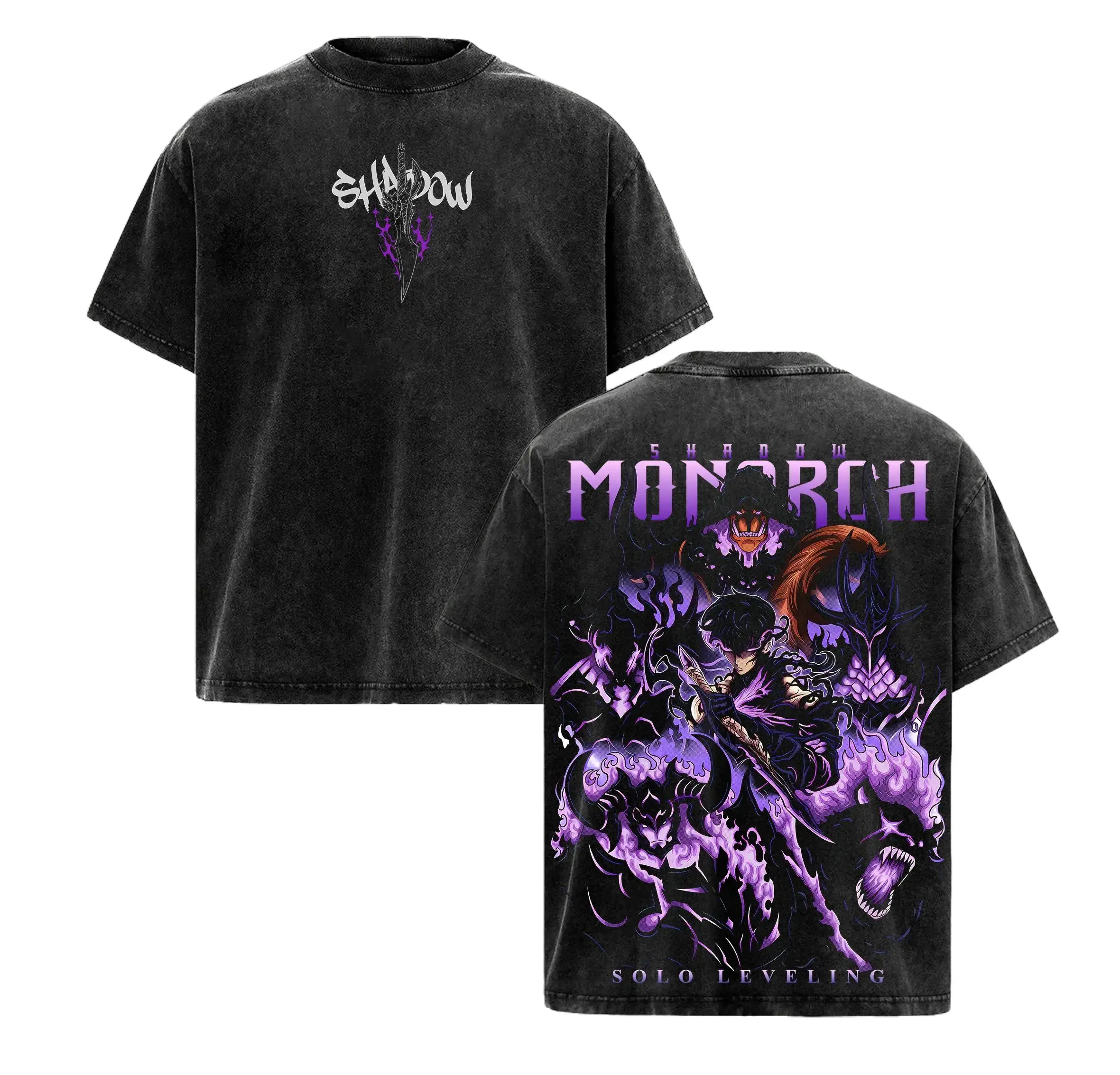 Men's Oversized Vintage Wash Shortsleeve T-Shirt - Shadow Monarch Solo Leveling Inspired, Sung Jinwoo Power Dark Purple Graphic Menswear Tops Streetwear