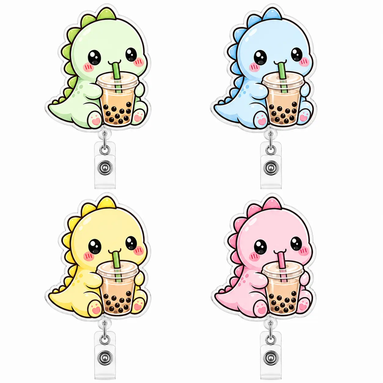 Cute dinosaur boba badge reel, retractable ID badge holder, kawaii bubble tea work accessory for healthcare, teachers and office staff