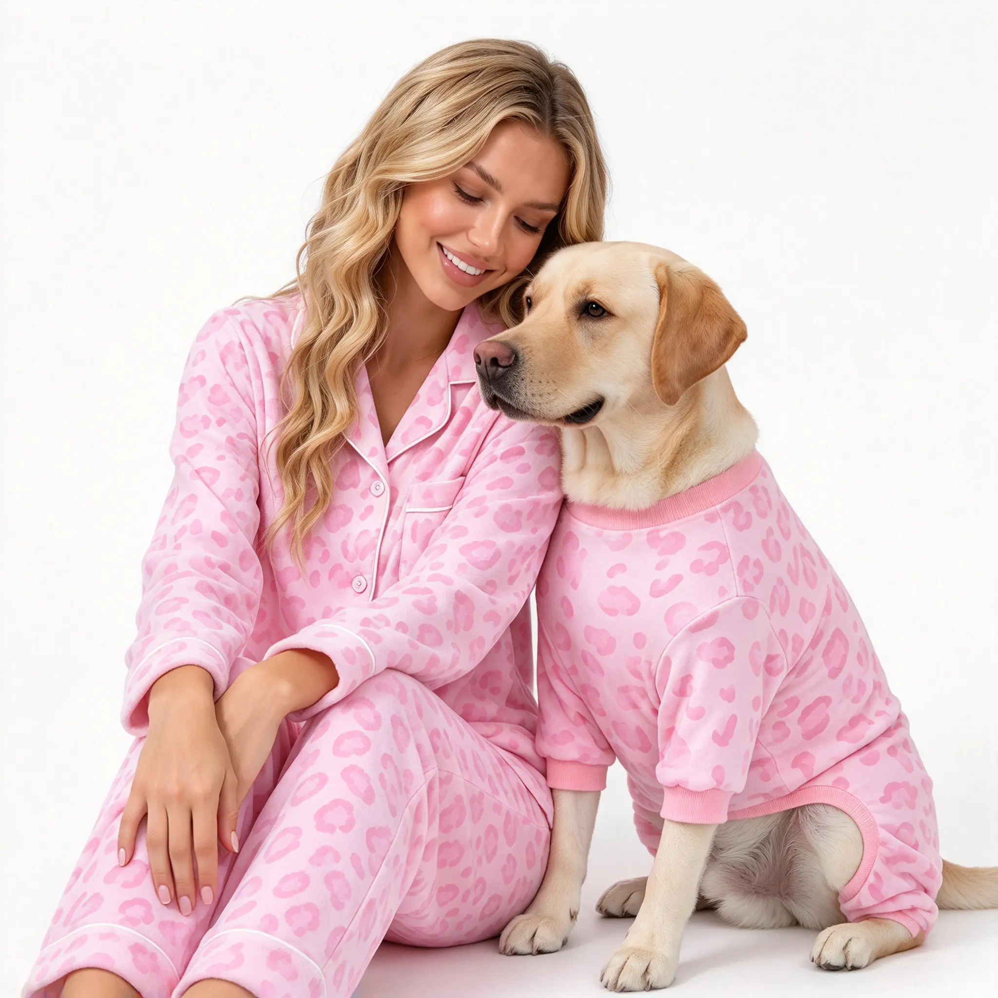 Women's Cute Lady Pink Leopard Print Pajama Set - Furry Animal Onesie Loungewear, Matching Leopard for Owner & Dog Love Sleepwear Outfit