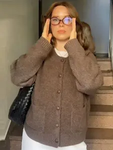 Crop Knit Cardigan Women's Sweater Demi-Season 2026 Minimalist Cozy Brown O-Neck Long Sleeve Tops For Woman Cropped Slim Button Jumpers Elegant Woman Knitwears