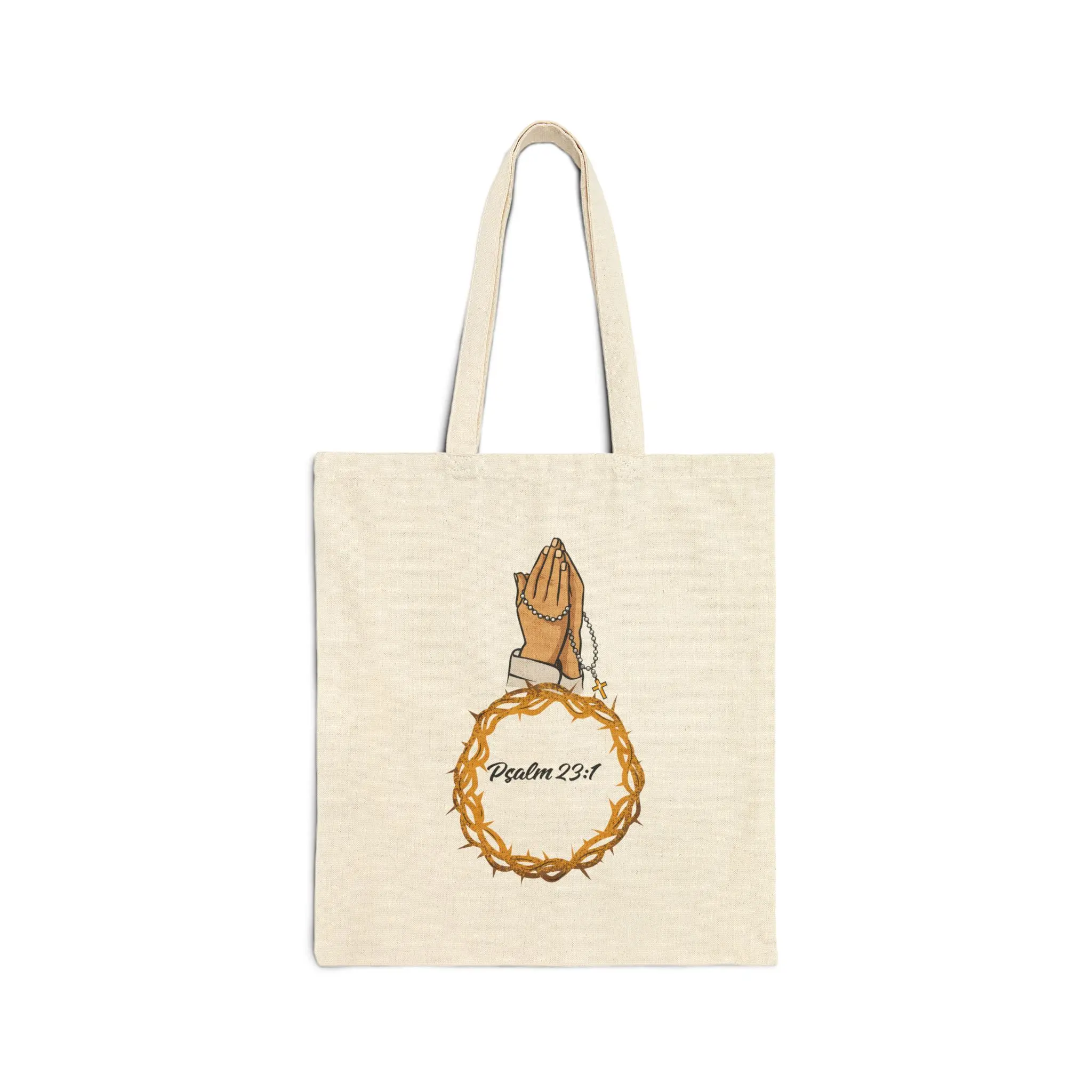Praying Hands with Crown of Thorns Tote Bag | Psalm 23:1 Scripture Canvas