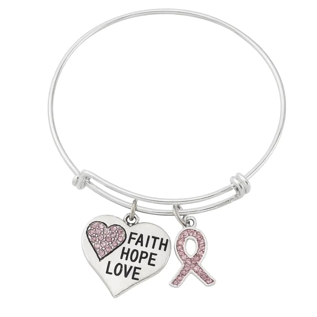 Faith Hope Love Bracelet – Silver Plated Expandable Bangle with Pink Ribbon Charm – Breast Cancer Awareness Jewelry G
