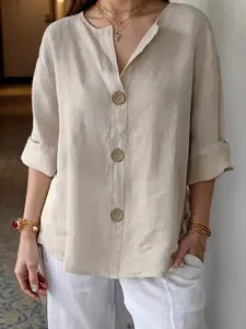 Plus Size Solid Color Dressy Button Down Button Shirt Casual Loose Fit Linen Blouse, Y2K Clothes Summer Daily Wear, Trendy Minimalist Tops, Comfortable Relaxed Fit Casual Ensembles, Stylish Solid Color Detail Party Casual Wear