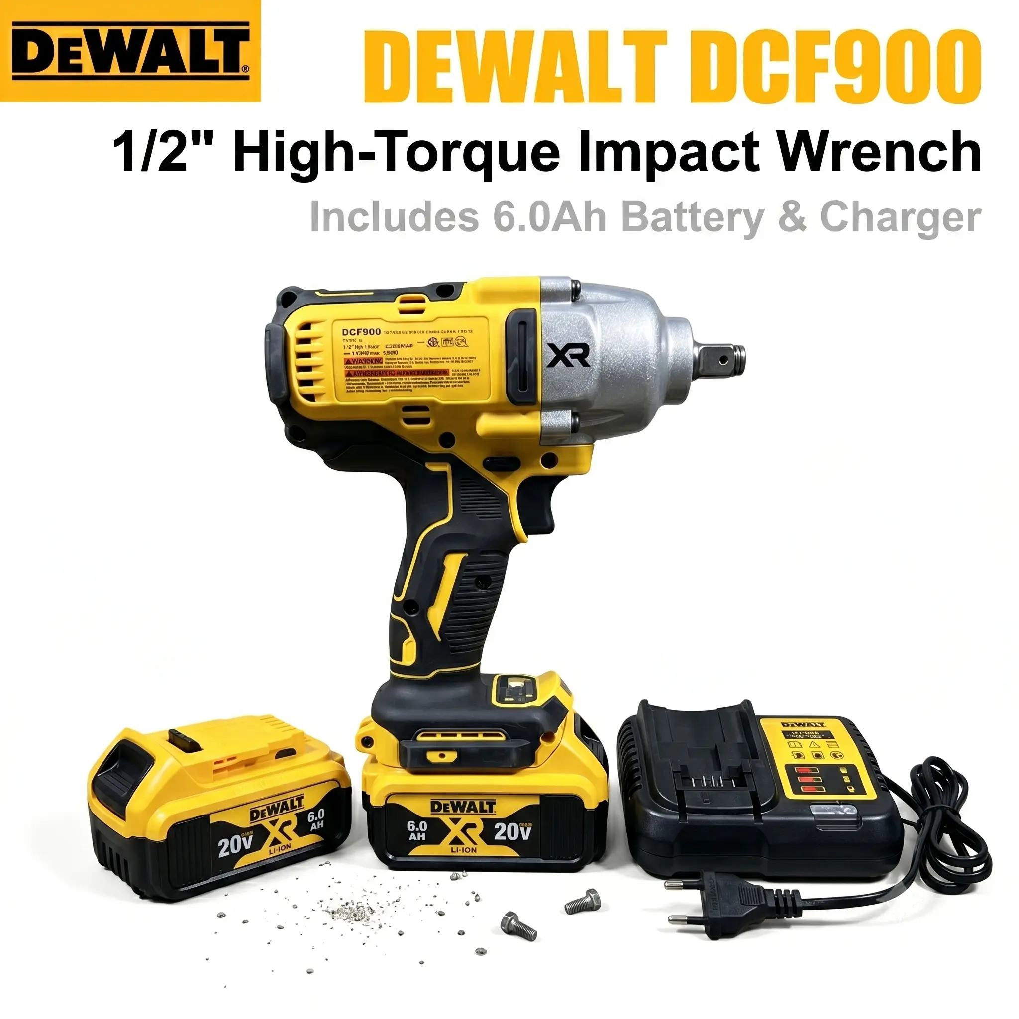 DEWALT DCF900 Cordless Impact Wrench Kit with Battery and Charger, 1/2-in Square Drive, 900Nm Max Torque, 0-3200i/min Impact Frequency, 0-2800r/min No-Load Speed, Heavy-Duty Handheld Auto-Repair Construction Tool