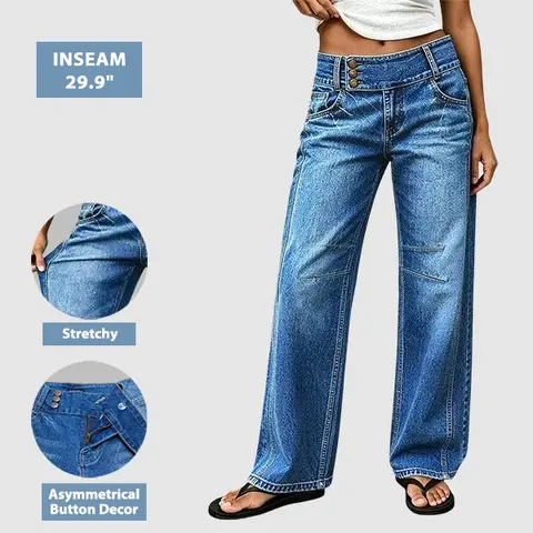 Flamingals Asymmetrical Button Decor Stitch Decor Mid Waist Straight Leg Jeans Stretchy 29.9'' Inseam