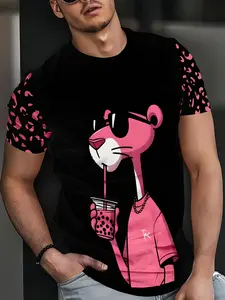 Men's Trendy Pink Black Pink Panther Hip Hop Streetwear Menswear 3D Print Short Sleeve, Round Neck T-Shirt 2026 Viral Street Ins Style Personality Fashion Casual Versatile Slim Fit Bodycon Muscle Guy Four Seasons Essential Net Red Top