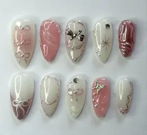 Bow Press On Nails: Handmade Faux Acrylic Gel Nails
