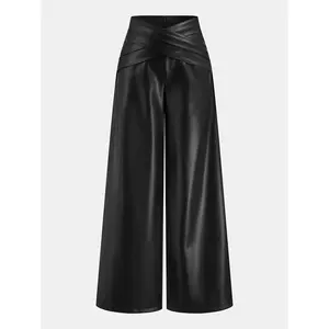 Cross Waistband PU Leather Wide-Leg Pants