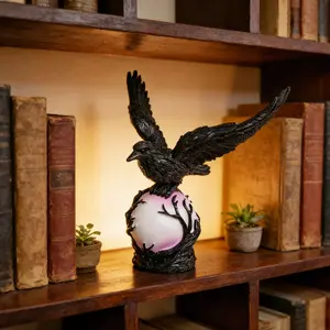 Gothic Raven Statue Ornament, Gradient Magic Ball, Resin Feather Texture, Indoor Outdoor Decor, Halloween Gift