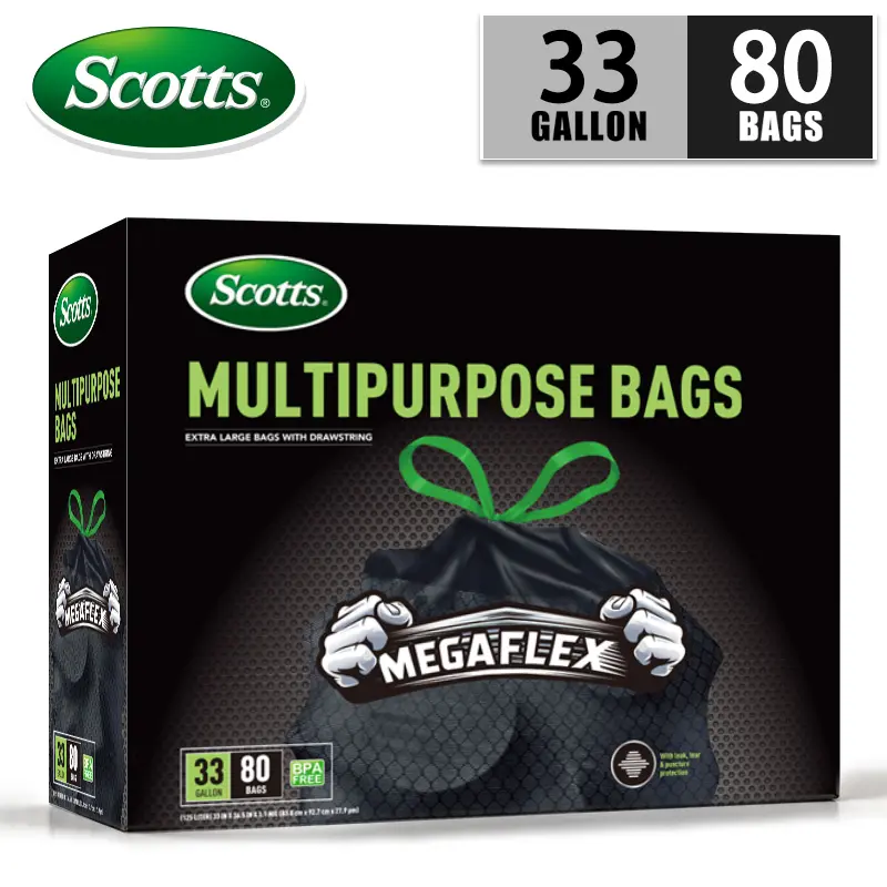 Scotts 80 Bags (33 Gal) Disposable Non-Rip Black Large Drawstring Trash Bags, Super Strong, Leak-Proof, Durable, Easy-to-Use, for Large Kitchen Garbage Cans, Home Supplies, 80 Bags(33 Gallon)