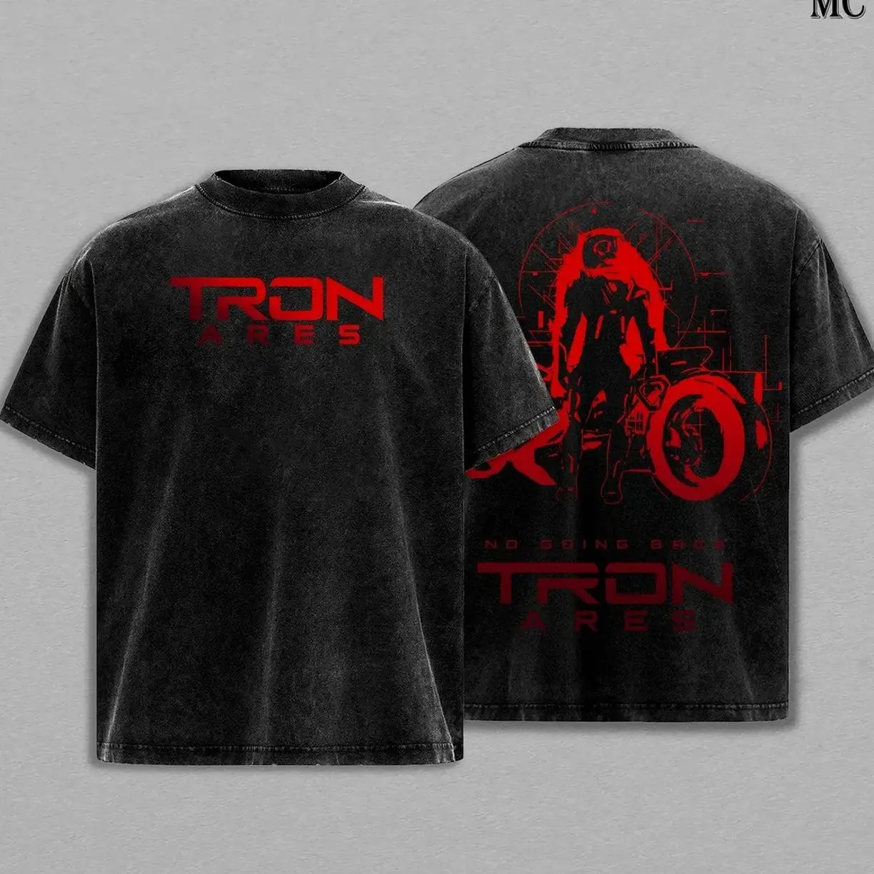Tron Ares Movie T-Shirt – Neon Grid Sci-Fi Vintage Washed Oversized Heavy Cotton Tee, Futuristic Cyberspace Graphic Top, Unisex Retro Streetwear Inspired by Digital World, Movie Inspired Top for Fans JW1