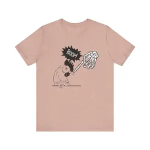 Skeleton "Booping" the Nose of a Chicken Unisex Jersey Short Sleeve Tee, Funny Halloween shirt for Chicken Lovers Casual Cotton Menswear Soft Top