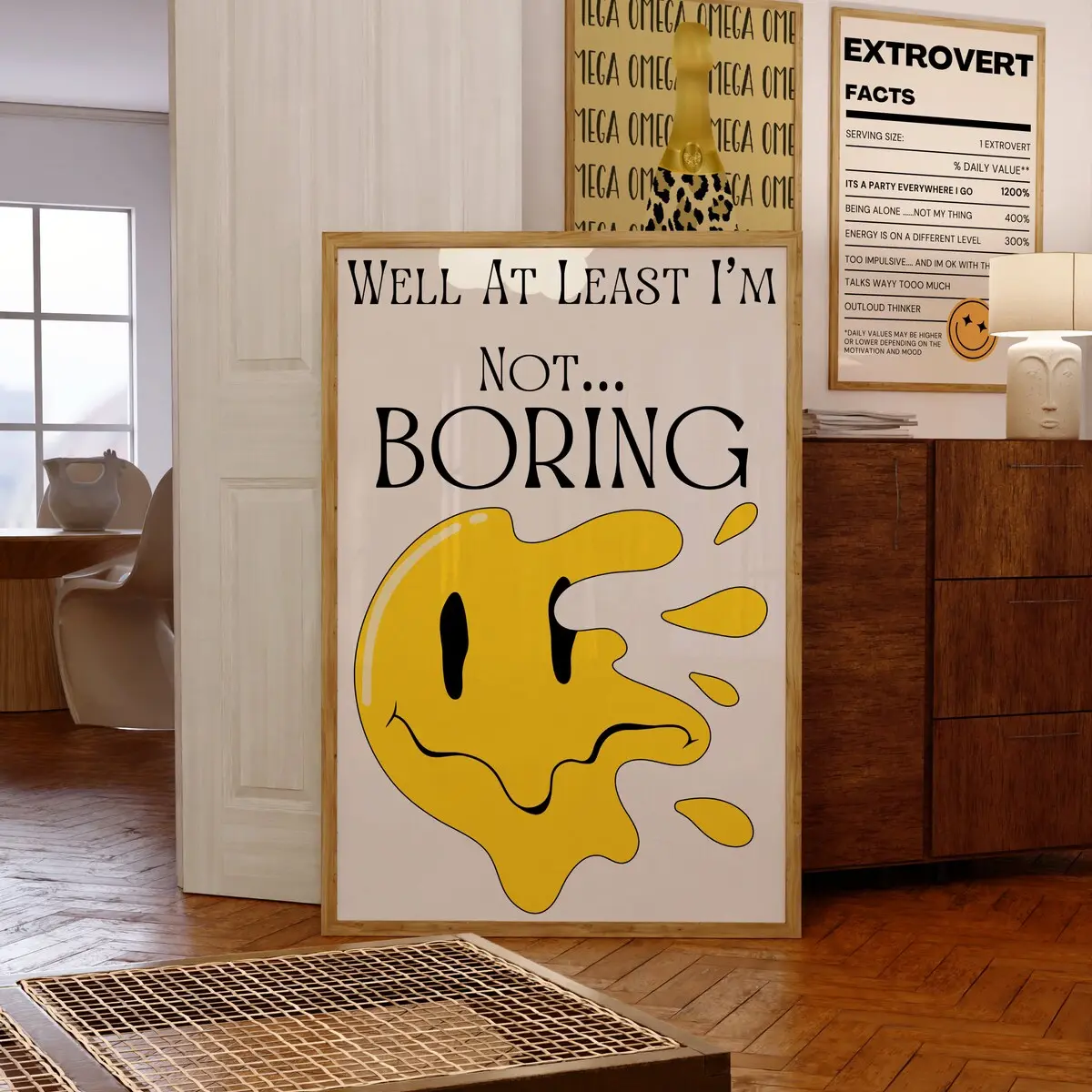 Humorous Trendy Smiley Face Poster, Funny Typography Wall Art Print, Drippy Smiley Face Artwork for Large Living Room or Teen Room Decor, Unframed