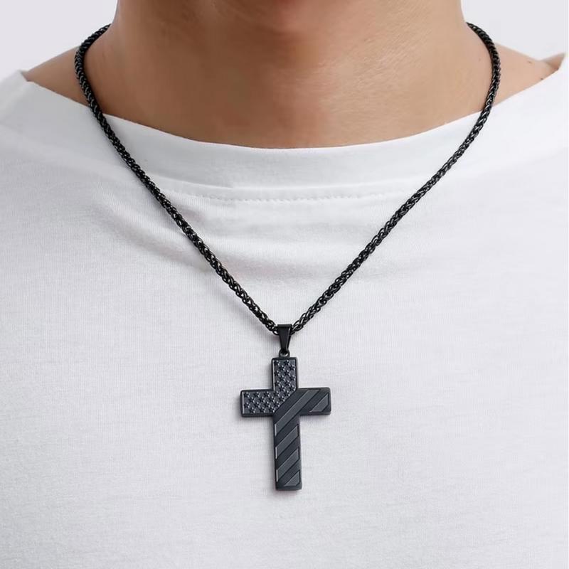 Black Crossflag Necklace,with Bible Verse& AmericanFlag,Inspirational Gift for MenTeens Boys Confirmation Birthday CoolBoyfriend Chain,Daily Accessories