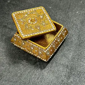 Gold Sparkle Trinket Jewelry Box Holder Clear Rhinestone Inlay Square Resin