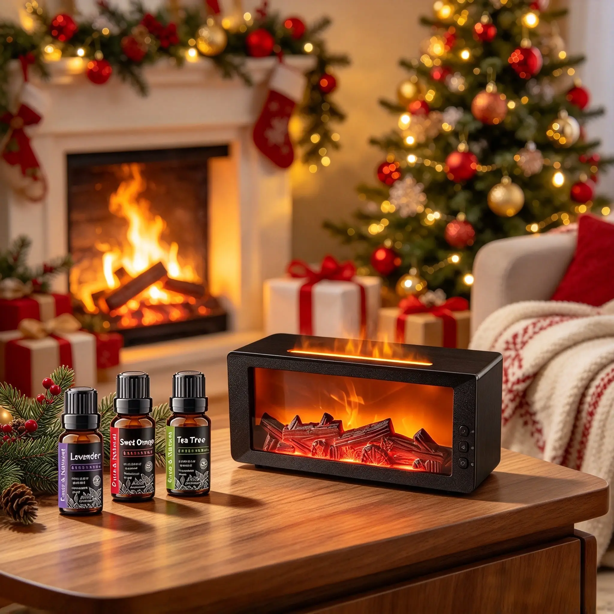 7-Color Mini Flame Essential Oil Fireplace Humidifier Set - Home Diffuser, Desktop & Room Use, Auto-Off Protection, Bourbon & Melatonin Compatible Oil Diffuser Humidifier