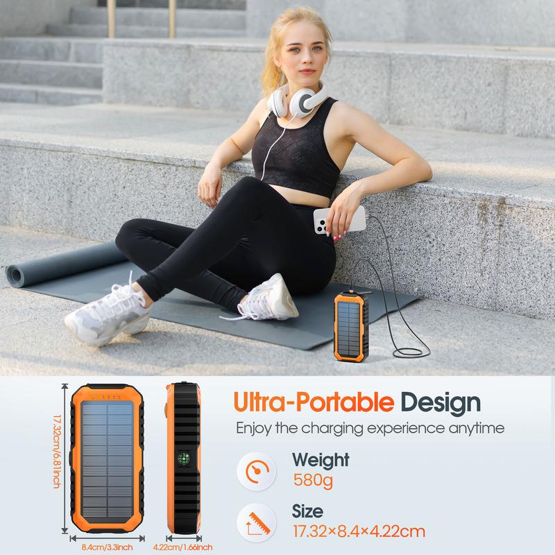 40000mAh Solar Hand-Crank Power Bank with 4 Built-in Cables 6 Outputs & 3 Inputs USB-C Input/Output Charger Compass Function PD20W Fast Charging Built-in Bright Flashlight for iPhone Samsung Galaxy