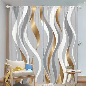 2Pcs Abstract Gold Wave Curtains, Modern Gradient Color Pattern Window Drapes for Living Room, Bedroom, Kitchen and Home Decor, Elegant Treatment, Light Filtering Panels, Stylish Translucent tube bag design