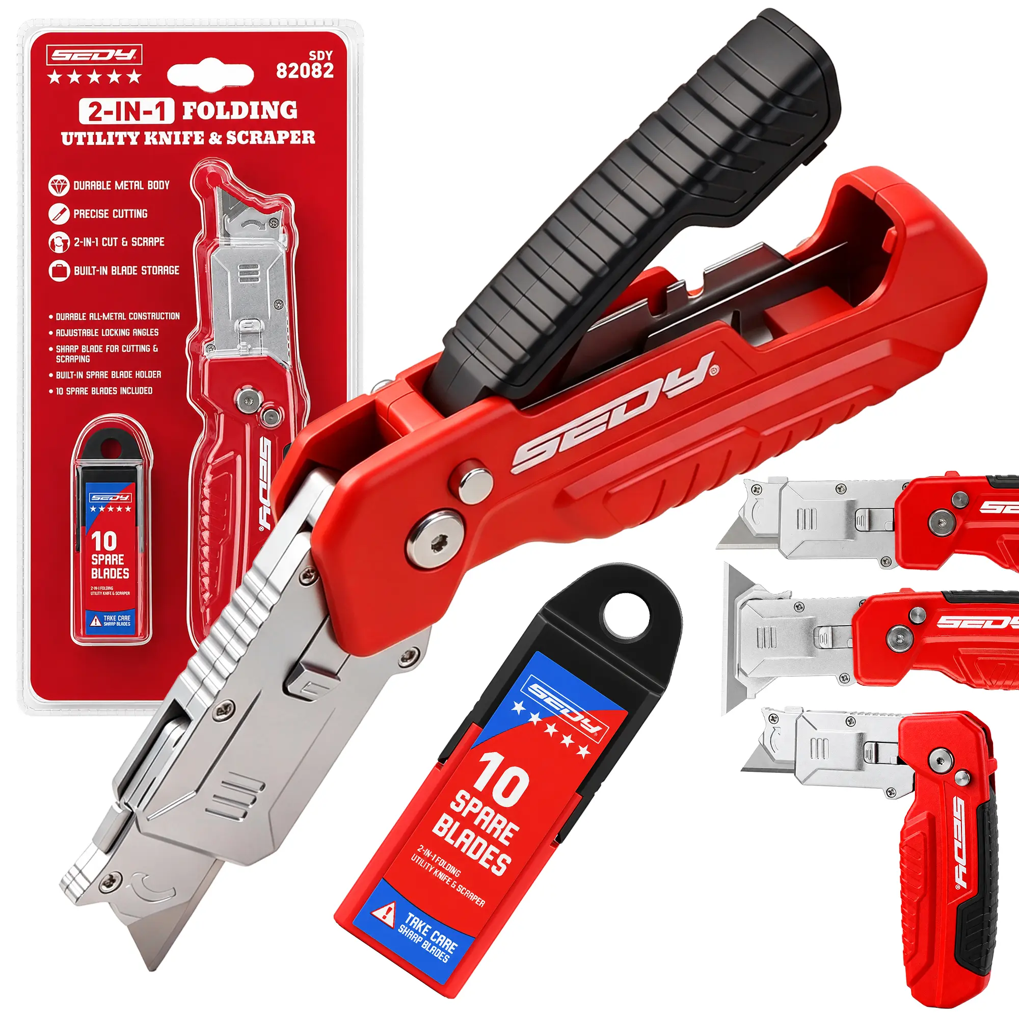 2-in-1 Utility Knife Scraper, Folding Box Cutter with 13 SK5 Blades | Zinc Alloy Body, Quick Blade Change, Built-In Storage and Belt Clip for Cutting Boxes, Scraping Labels, Home, Office and DIY