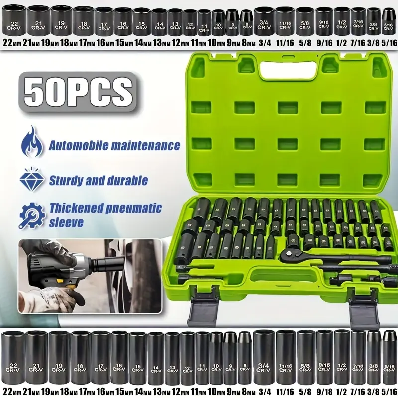 50pcs Set Standard SAE (5/16 To 3/4Inch)and Metric(8-22mm) Size Cr-V 3/8-Inch DriveRatchet Handle Drive Extension Bar with Heavy Duty Hardware