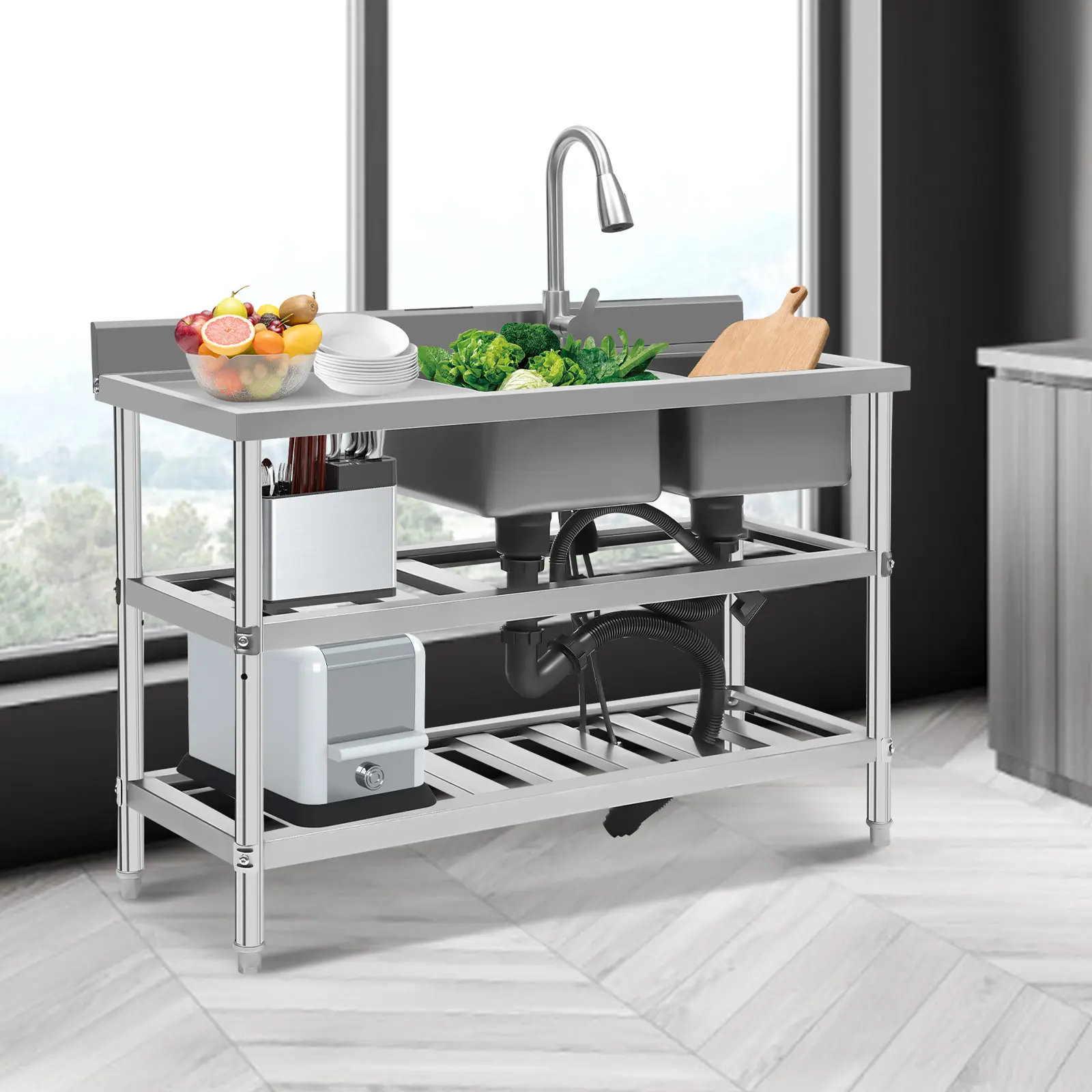 201 Stainless Steel Heavy-Duty Modern Free-Standing Double-Bowl Kitchen Sink - Includes Adjustable Faucet, Strainers, Easy Installation; Metallic Design for Home, Holiday Commercial Use