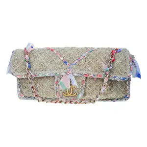 Pre-owned CHANEL Raffia Shoulder Bags Woven CC Country Flap Shoulder Bag Medium Neutral