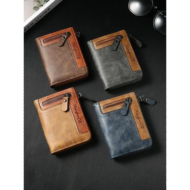 Premium Men's Short ID Card Holder Billfold Casual Leather Zipper Coin Purse Multi-Card Slot Portable Wallet