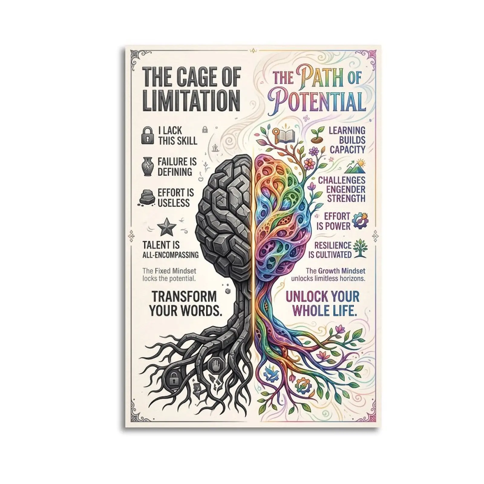 Fixed Vs Growth Mindset Stop Limiting Yourself And Unlock Your Potential. Transform Your Words, Unlock Your Life #growthmindset #motivation #selfimprovement #personalgrowthDecorative Posters.Art Prints.