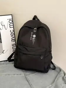 Rose Print Backpack, Japanese Phrase Design, Casual Style, Nylon Material, Multi-Color Options, Ideal for School, Commute, Travel, Shopping