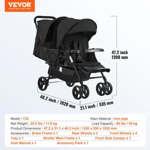 VEVOR Double Stroller, Foldable Lightweight Twin Stroller with Tandem Seating, Adjustable Backrest/Footrest, Wrap-Around Safety Harness, Storage Basket Tray, for Newborn and Toddler (Black)