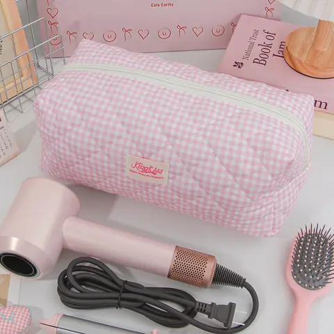 Large Capacity Plaid Print Travel Storage Bag, Hair Dryer Curling Iron Straightener Organizer, Cosmetics Organizer, Women's Makeup Tool Pouch, Handheld Cosmetic Pouch, Cosmetic Bags, Makeup Organizer Pouches, Home Essential Gift