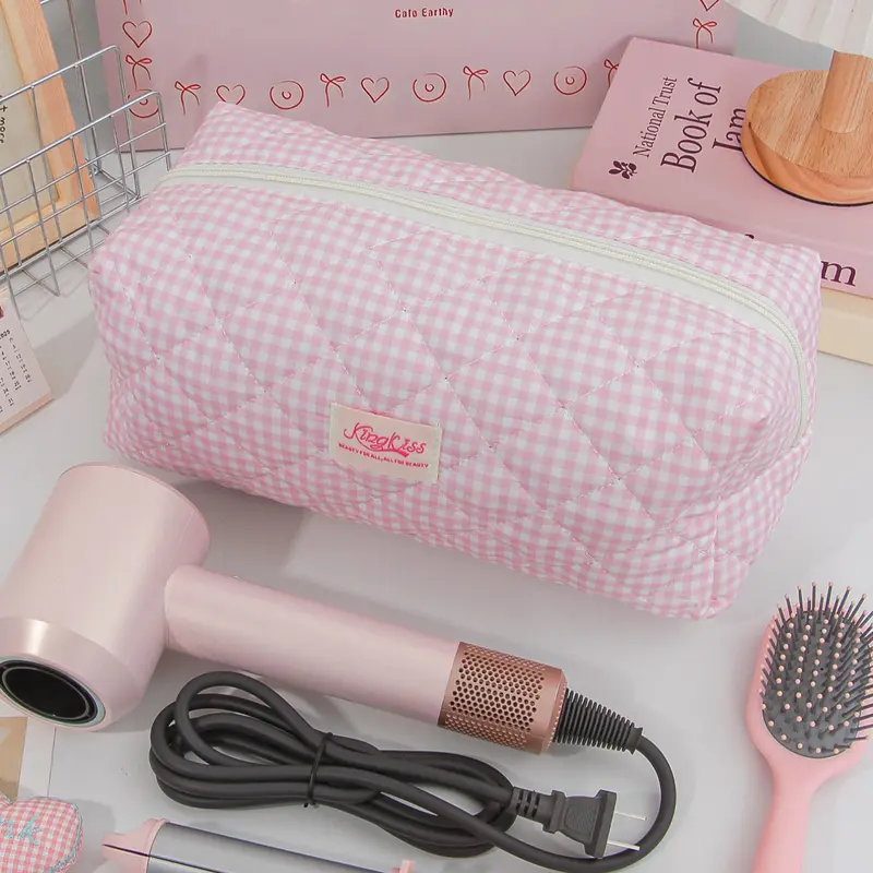 Large Capacity Plaid Print Travel Storage Bag, Hair Dryer Curling Iron Straightener Organizer, Cosmetics Organizer, Women's Makeup Tool Pouch, Handheld Cosmetic Pouch, Cosmetic Bags, Makeup Organizer Pouches, Home Essential Gift