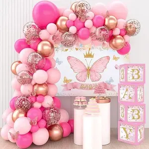Pink Butterfly Baby Shower Decorations for Girl，Pink Balloon Garland Arch Kit, Pink Butterfly Baby Boxes and Butterfly Backdrop, Decorations Birthday Party Decor