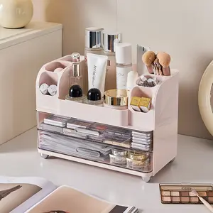Pink Light-Luxury compartments Makeup durable Organizer with Two Drawers, Large Capacity — Holds Brushes & Beauty Products, Space-Saving Storage Box for Bathroom and Office counter countertop transparent multipurpose jewelry multi-layer cabinet Summervibe