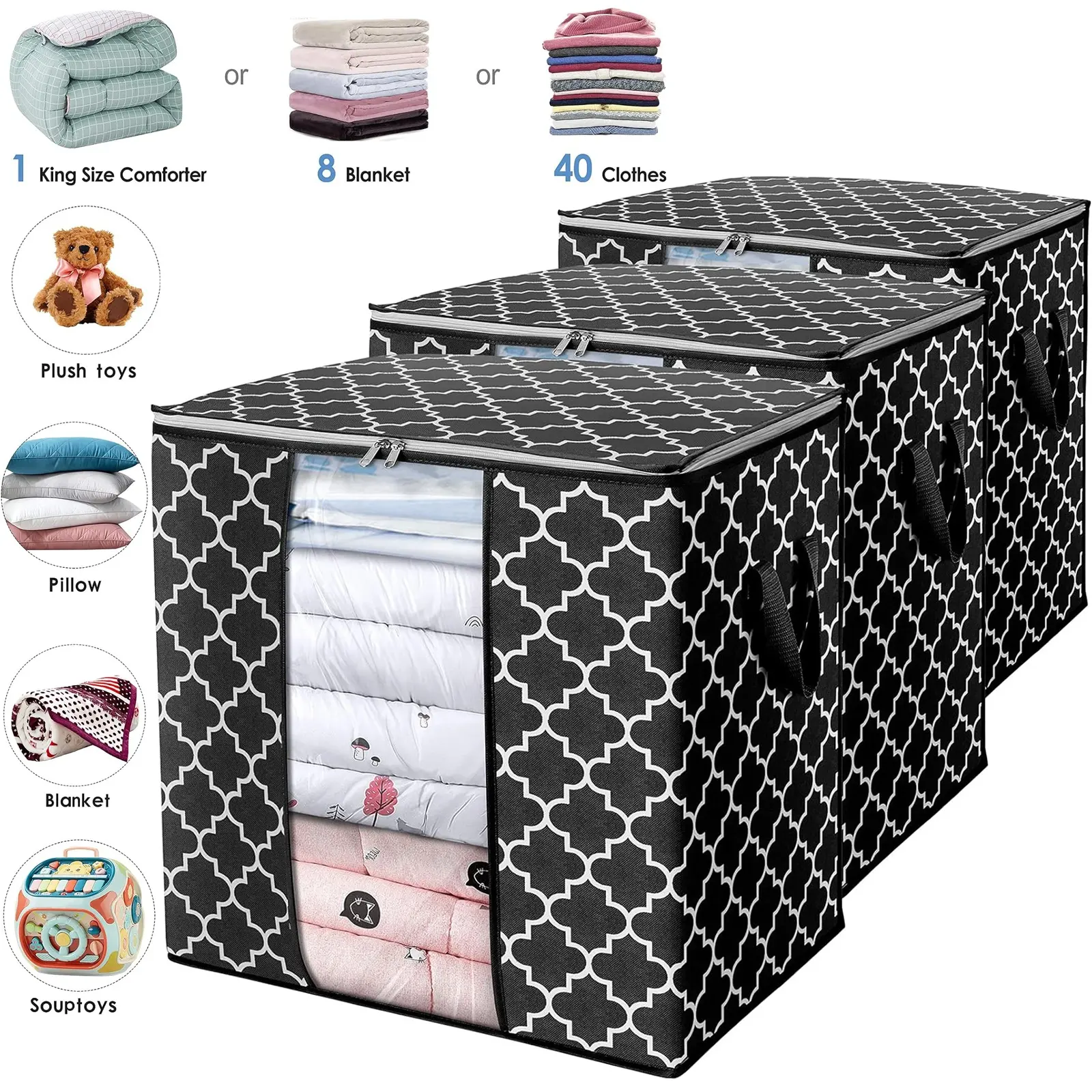 Black Print Storage Bag (3 Pack/100L) Large Blanket Clothes Organizer and Storage Bag for Quilts Comforters Foldable with Reinforced Handles