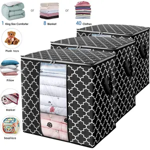 Black Print Storage Bag (3 Pack/100L) Large Blanket Clothes Organizer and Storage Bag for Quilts Comforters Foldable with Reinforced Handles