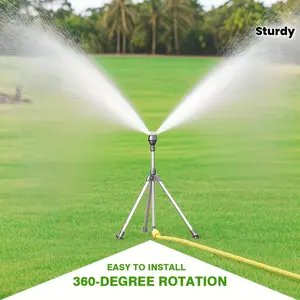 1-piece 360° rotating tripod support for sprinklers. Adjustable telescopic height, 360° rotation, multi-nozzle design. Suitable for large patios, gardens, terraces, car washes, and outdoor pet showers. - Sturdy stainless steel/plastic construction.