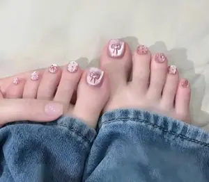 Coquette Pink Bow Press On Toenails | 3D Charm Fake Toe Nails | Cute Summer Pedicure | Reusable False Toenails with Rhinestones