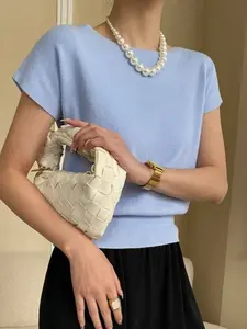 Women's Solid Light Blue Summer Knit T-Shirt, Casual Style Round Neck Short Sleeve Top, Soft Basic Everyday Fitted Bottom Layer, Comfortable Daily Wear